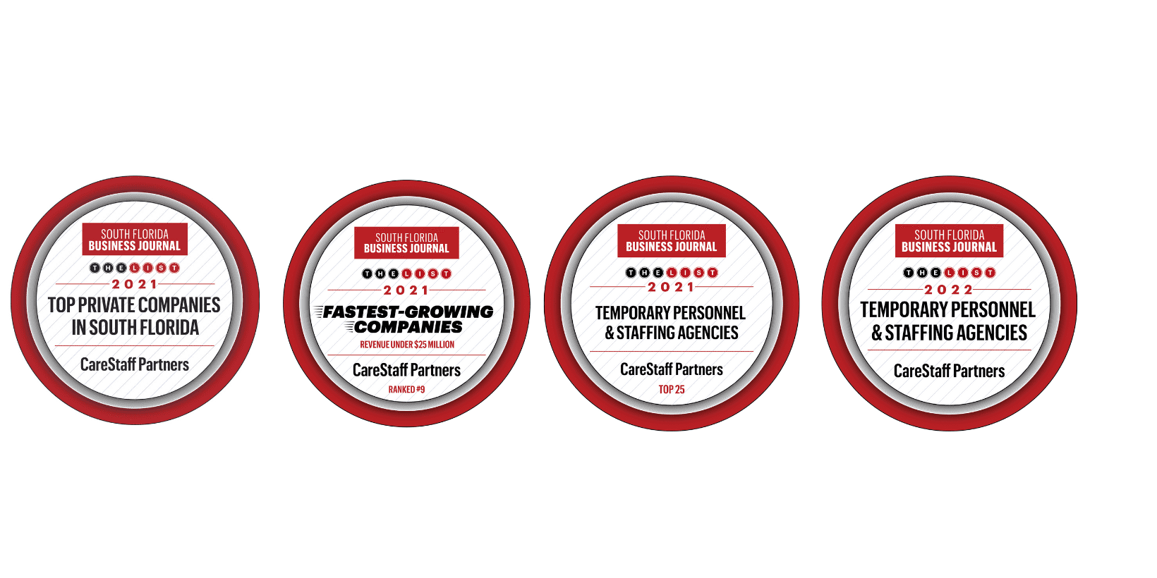 Award badges for CareStaff Partners achievements.